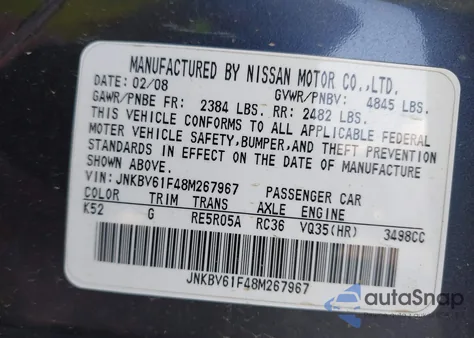 2008 Infiniti G35X z USA, uszkodzony, nr VIN JNKBV61F48M267967